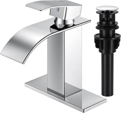 Chrome Bathroom Faucets, Waterfall Bathroom Sink Faucet Modern Single Handle Bathroom Faucte 1 or 3 Hole, RV Mixer Tap Vanity Faucet - Includes Pop-up Drain Supply Hoses Deck Plate