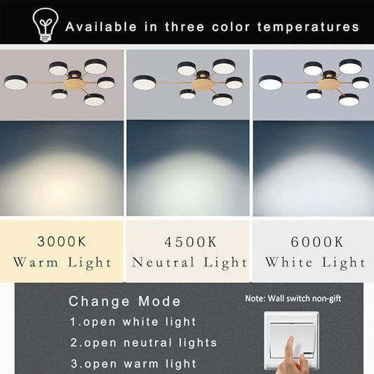LED Ceiling Lighting 41 Inch 6-Lights Modern Ceiling Lights Flush Mount Recessed Lighting Ceiling Light 48W Adjustable Living Room Bedroom Kitchen, 3000K-6000K Temperature Available Black