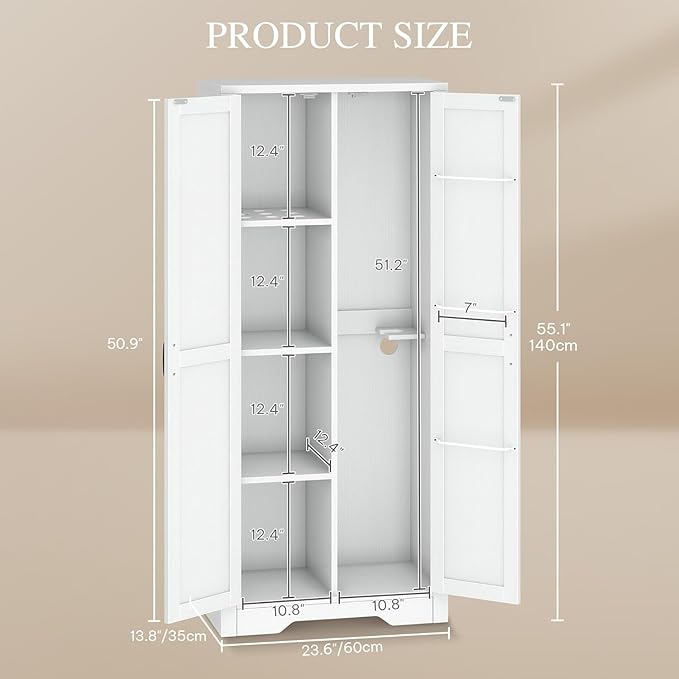 DWVO Wooden Storage Cabinet, Vacuum Cleaner Storage Compatible with Dyson Models, Utility Stand for Brooms and Mops, Cleaning Tool Cabinet with Doors for Garage, Office, Home