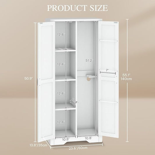 DWVO Wooden Storage Cabinet, Vacuum Cleaner Storage Compatible with Dyson Models, Utility Stand for Brooms and Mops, Cleaning Tool Cabinet with Doors for Garage, Office, Home