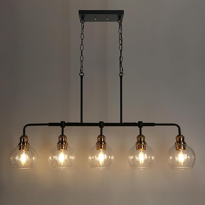 KSANA Chandeliers for Dining Room, 5 Light Linear Chandelier Modern Farmhouse Kitchen Island Light with Seeded Glass Pool Table Light for Kitchen, Dining Room, Living Room