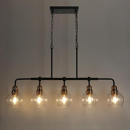 KSANA Chandeliers for Dining Room, 5 Light Linear Chandelier Modern Farmhouse Kitchen Island Light with Seeded Glass Pool Table Light for Kitchen, Dining Room, Living Room
