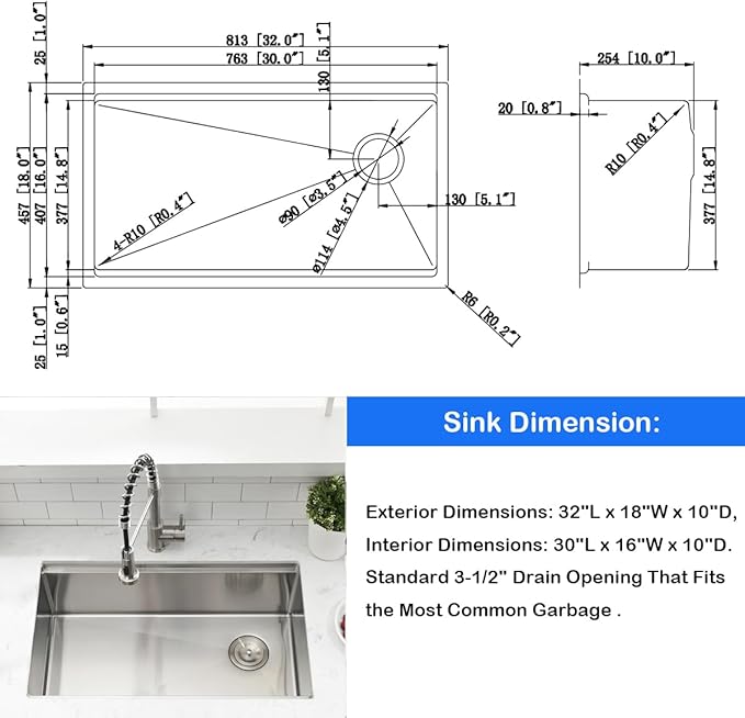 32 Inch Undermount Kitchen Sink Workstation - SZBAQTM 32x18 Inch Stainless Steel Undermount Sink Single Bowl 10'' Deep Handmade Kitchen sink with Cutting Board& Strainer