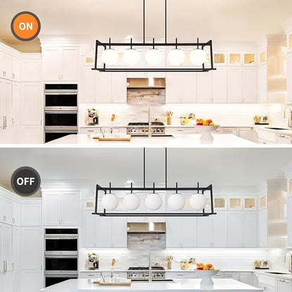 DSMJFU Black Farmhouse Rectangular Chandelier for Dining Room, 5-Light Linear Pendant Lighting, Rectangular Kitchen Island Light with Milky White Glass Ball Shades, Adjustable Height Hanging Lighting