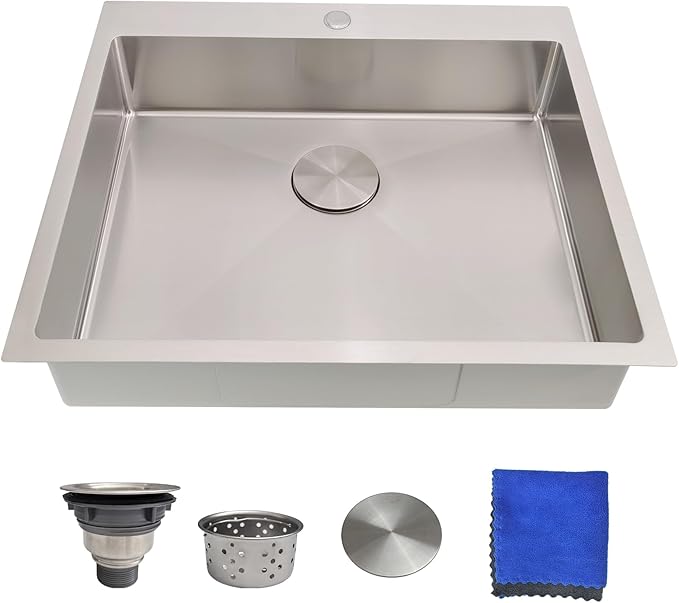 25x22 Drop In Kitchen Sink – Delironexu 18 Gauge Stainless Steel Kitchen Sink, 25 Inch Top Mount Kitchen Sink with Brushed Finish, 6 Inch Deep Single Bowl Kitchen Sinks for RV, Prep, and Outdoor Use