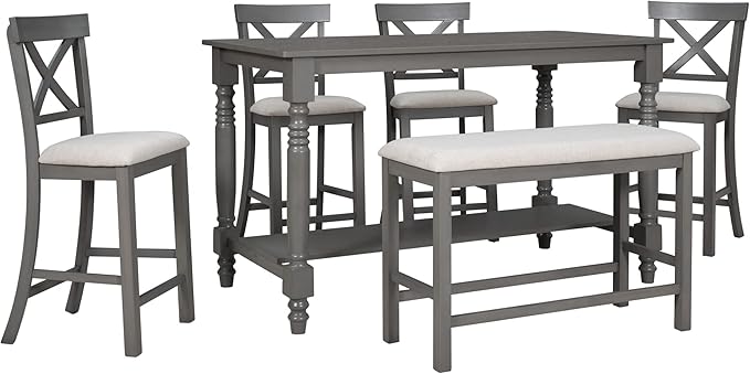 VilroCaz Modern Elegant 6-Piece Counter Height Kitchen Dining Table Set, Solid Wood 60'' Rectangle Table with Bottom Shelf, 4 Comfort Upholstered Chairs 1 Bench for Dining Room Restaurant (Gray)