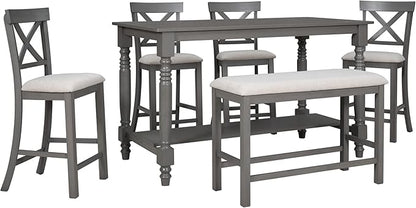 VilroCaz Modern Elegant 6-Piece Counter Height Kitchen Dining Table Set, Solid Wood 60'' Rectangle Table with Bottom Shelf, 4 Comfort Upholstered Chairs 1 Bench for Dining Room Restaurant (Gray)