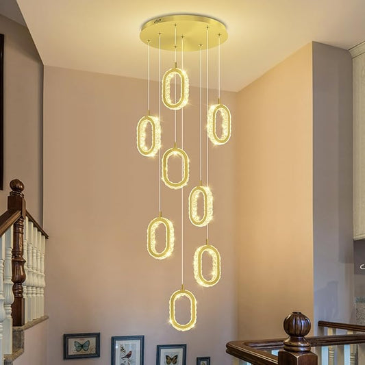 Gold 8 Rings Crystal Chandelier for Foyer Stairwell High Ceiling Chandelier Dimmable Oval Crystal Ring Pendant Light
