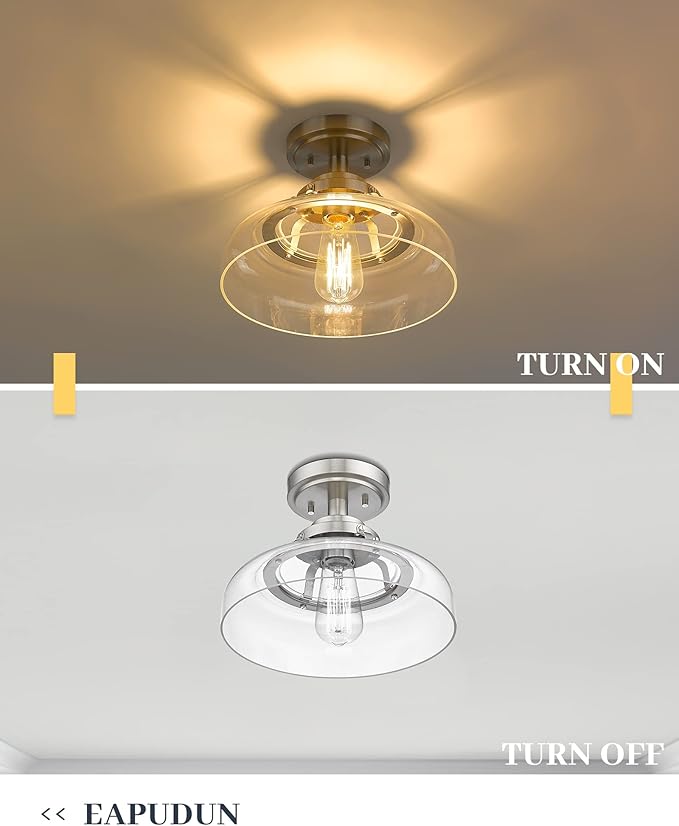 EAPUDUN Semi Flush Mount Ceiling Light, Farmhouse Close to Ceilight Lighting Fixture, Brushed Nickel Finish, Clear Glass Pendant Lamp Shade, SMA1307-BNK