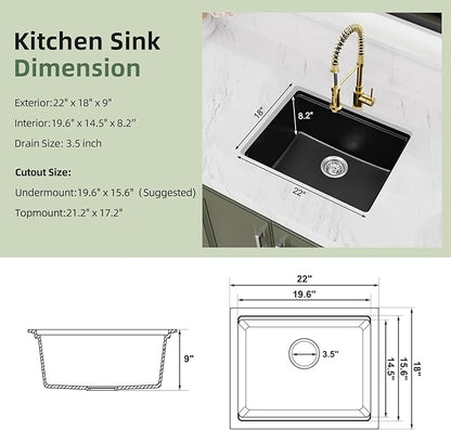 Davivy 22 Inch Black Granite Composite Kitchen Sink Workstation, 22 x 18 Black Undermount/Drop In Kitchen Sink, Deep Quartz Single Bowl with Accessories