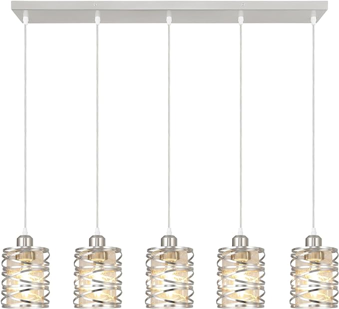Brushed Nickel Pendant Lights for Kitchen Island, 5-Light Chandelier for Dining Room, Hanging Linear Chandeliers, Modern Dining Room Light Fixtures Pendant Light with Clear Glass Shades