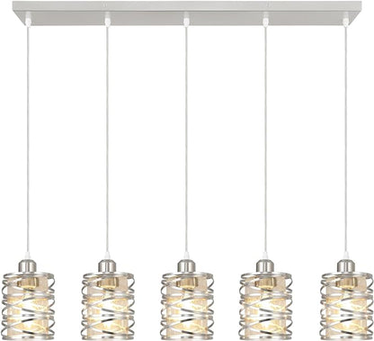 Brushed Nickel Pendant Lights for Kitchen Island, 5-Light Chandelier for Dining Room, Hanging Linear Chandeliers, Modern Dining Room Light Fixtures Pendant Light with Clear Glass Shades