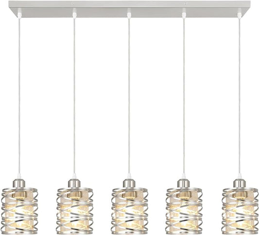 Brushed Nickel Pendant Lights for Kitchen Island, 5-Light Chandelier for Dining Room, Hanging Linear Chandeliers, Modern Dining Room Light Fixtures Pendant Light with Clear Glass Shades