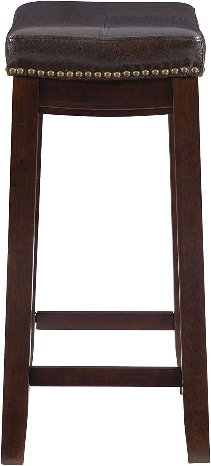 Linon Kingston Brown Wooden Backless 26.5 Inch Seat Height Counter Stool with Brown Faux Leather Upholstered Seat and Nailheads