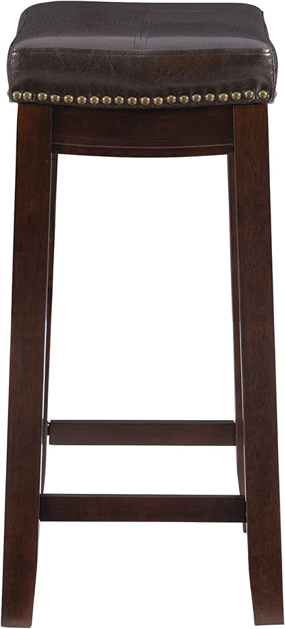 Linon Kingston Brown Wooden Backless 26.5 Inch Seat Height Counter Stool with Brown Faux Leather Upholstered Seat and Nailheads