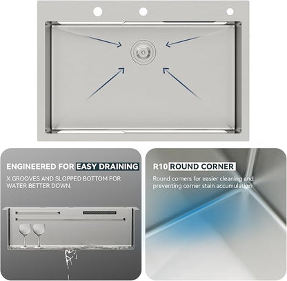 Lordear 33 Drop In Kitchen Sink with Faucet 33x22 Inch Waterfall Kitchen Sinks Topmount Stainless Steel 16 Gauge Single Bowl Workstation Smart Sink