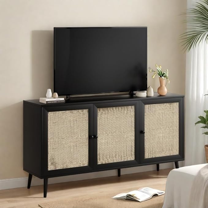 FONTOI Rattan Entryway Table, Entertainment Center with Adjustable Shelf, Sideboard Buffet Cabinet with 3 Rattan Doors, Modern Console Cabinet with Large Storage for Living Room, Kitchen, Black