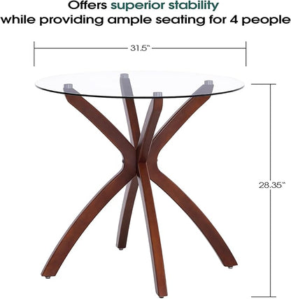 ivinta Small Glass Dining Table for 2-4 People, 31.5-Inch Round Coffee Table with Solid Wood Legs, Mid-Century Modern Kitchen Table for Dining Room, Living Room, Restaurant, CURD-80 (Rustic Brown)