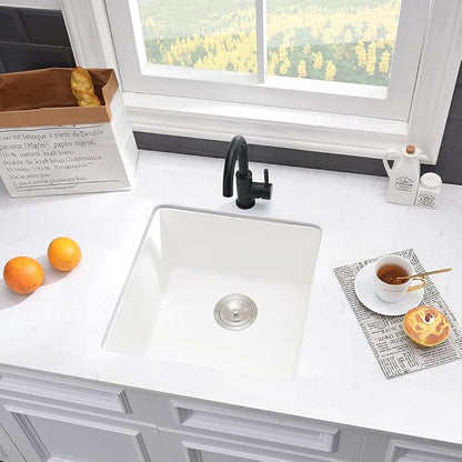 21 Inch Rv Sink Undermount-VASOYO 21x19 Wet Bar Sink Undermount Prep Outdoor Sinks White Quartz Composite Kitchen Sinks Small Deep Singe Basin with Bottom Grid