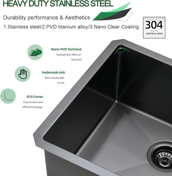 Undermount Kitchen Sink, 21 x 18 x 10 Inch Single Bowl Undermount Sink 16 Gauge T-304 Stainless Steel Gunmetal Black Kitchen Sinks
