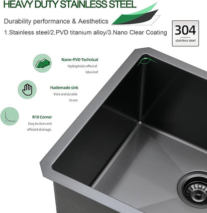Undermount Kitchen Sink, 21 x 18 x 10 Inch Single Bowl Undermount Sink 16 Gauge T-304 Stainless Steel Gunmetal Black Kitchen Sinks