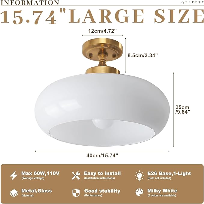Mid Century Modern Flush Mount Ceiling Light Fixture with Cream White Glass Shade, 15.74 Inch Minimalist Chandelier for Bedroom Kitchen, Easy to Install, E26 Base