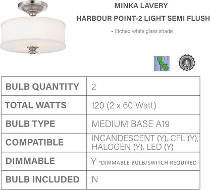 Minka Lavery 4172-84 Harbour Point Semi-Flush, 2-Light, 120 Total Watts, 13.5-in H x 10.75-in W, Brushed Nickel