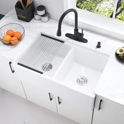 33 Inch Double Bowl White Farmhouse Sink Workstation-Bokaiya 33x20 Fireclay Apron Front White Porcelain Ceramic Reversible 50/50 Double Bowl Farm Sink with Accessories