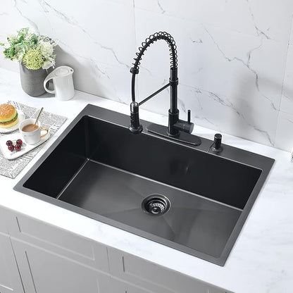33-Inch Black Stainless Steel Drop-In Kitchen Sink - 33x22 Topmount Single Bowl With Dish Grid & Roll Up Rack - 16 Gauge Deep Matte Black