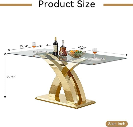 70" Glass Dining Table for 6-8, Modern Dining Room Table with 0.39" Tempered Glass Top and X-Shaped Gold Stainless Steel Base, Rectangle Kitchen Dinner Table