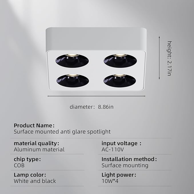 JAYMP Square Modern LED Ceiling Spotlight 3000K Dimmable White Surface Mount Focus Down Light for Living Room Hallway Laundry Room (White, Quadruple Lamp)