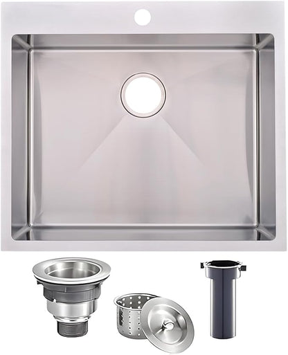 VAPSINT 25x22 Inch Drop In Kitchen Sink, 25 Inch Top Mount 16 Gauge Stainless Steel Single Bowl Deep Small Kitchen Sink, RV Laundry Utility Sinks with Basket Strainer