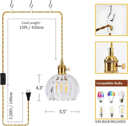 Mini Flower Hanging Lamp Plug in Pendant Light Fixtures, 15Ft Clear Glass Pendant Lights Kitchen Island Dining Room Bedroom Living Room, LED Bulb Included
