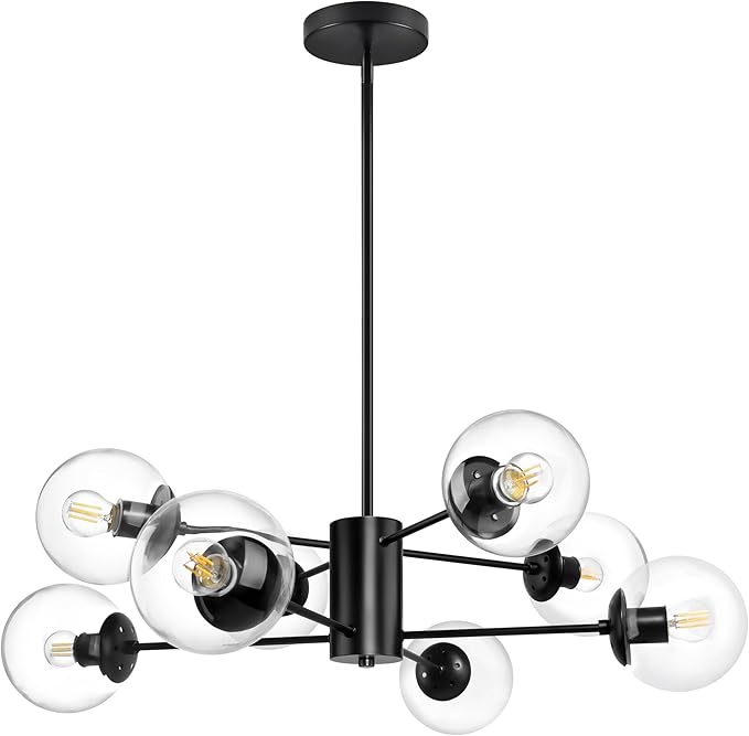 Bagood 8-Light Globe Sputnik Chandelier Mid Century Sputnik Chandeliers Modern Black Chandelier with Clear Globe Pendant Light Clear Glass Adjustable Hanging Ceiling Light for Living Dining Room