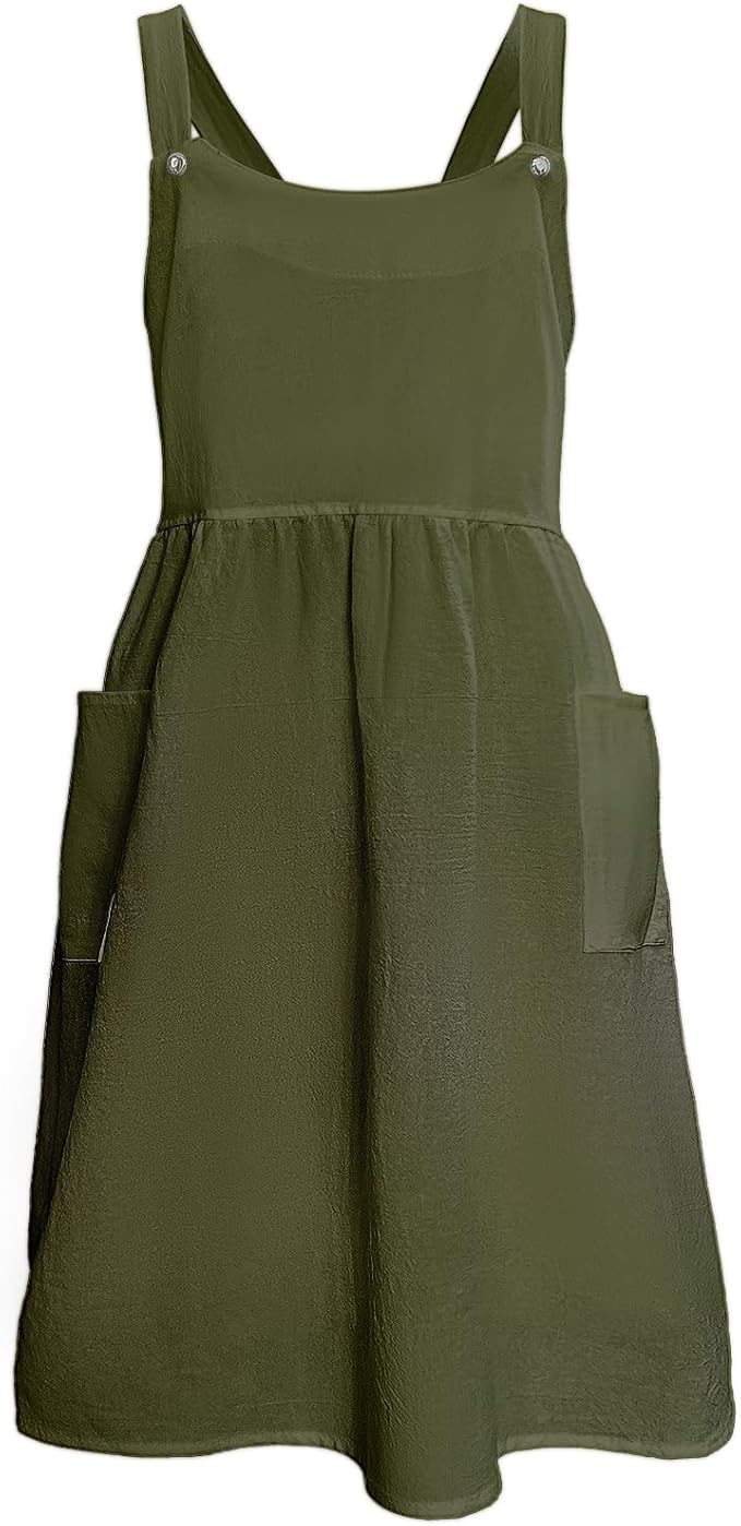 Cityelf Vintage Pinafore Apron Dress Snap Adjust Linen Cotton with Pockets Floral Aprons for Cooking Gardening