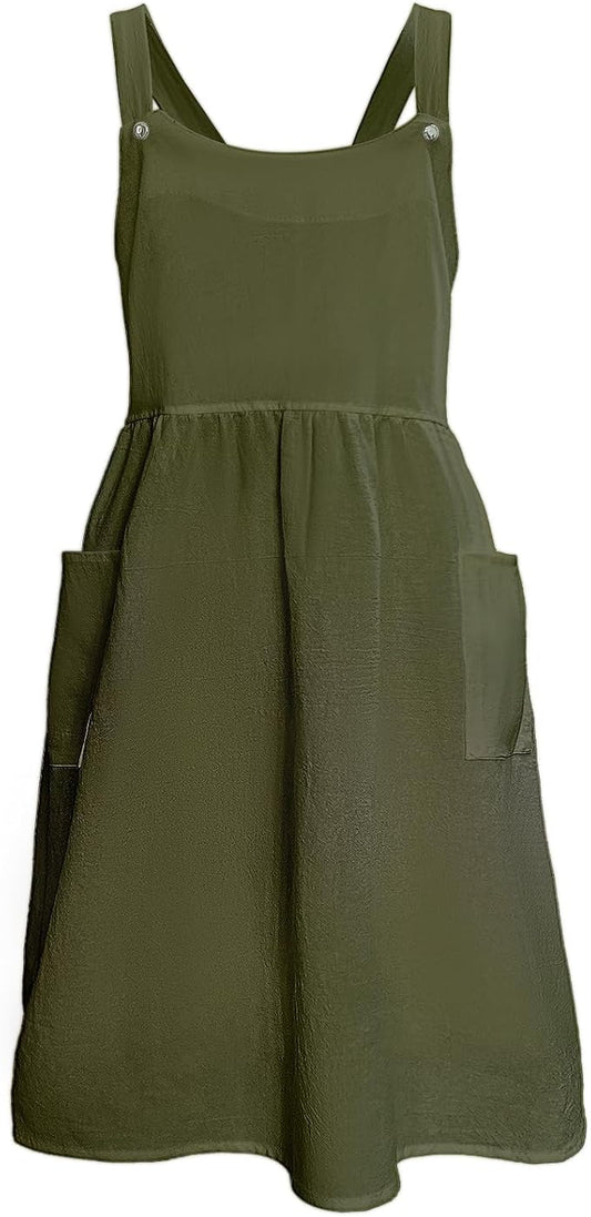 Cityelf Vintage Pinafore Apron Dress Snap Adjust Linen Cotton with Pockets Floral Aprons for Cooking Gardening