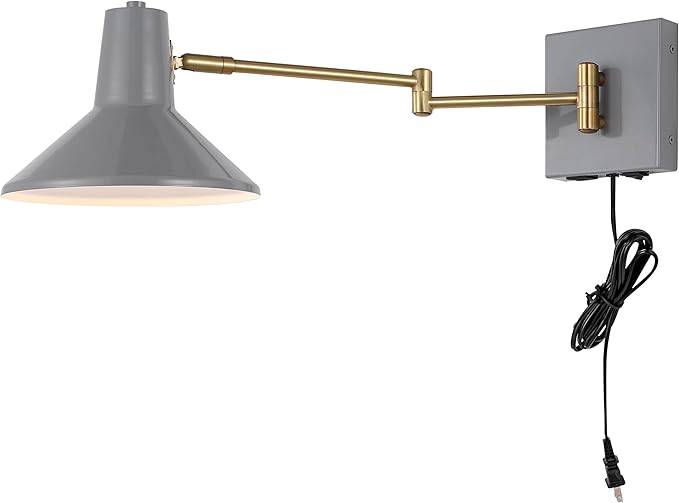 JONATHAN Y 16" Grey/Brass Gold 1-Light Modern Swing Arm Sconce with USB Port, Plug-in Midcentury LED Bedside Lamp with White Iron Shade for Bedroom Living Room (JYL1302C)
