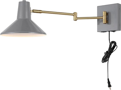 JONATHAN Y 16" Grey/Brass Gold 1-Light Modern Swing Arm Sconce with USB Port, Plug-in Midcentury LED Bedside Lamp with White Iron Shade for Bedroom Living Room (JYL1302C)