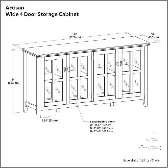 SIMPLIHOME Artisan SOLID WOOD 66 Inch Wide Contemporary Wide 4 Door Storage Cabinet in Black, For the Living Room, Entryway and Family Room