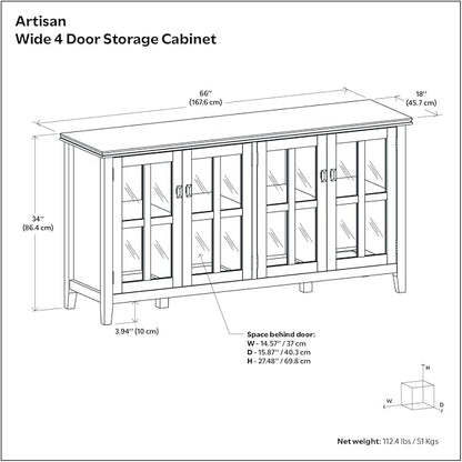 SIMPLIHOME Artisan SOLID WOOD 66 Inch Wide Contemporary Wide 4 Door Storage Cabinet in Black, For the Living Room, Entryway and Family Room