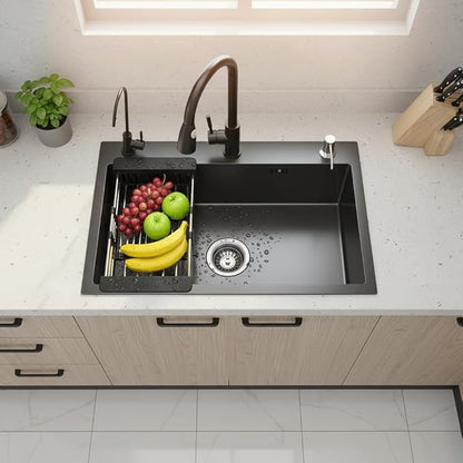Drop In Kitchen Sink with Faucet Combo18 Gauge Stainless Steel Single Bowl Kitchen Sink Large Deep Round Corner Handmade Topmount Overmount Basin Kitchen Sinks (33"x19")