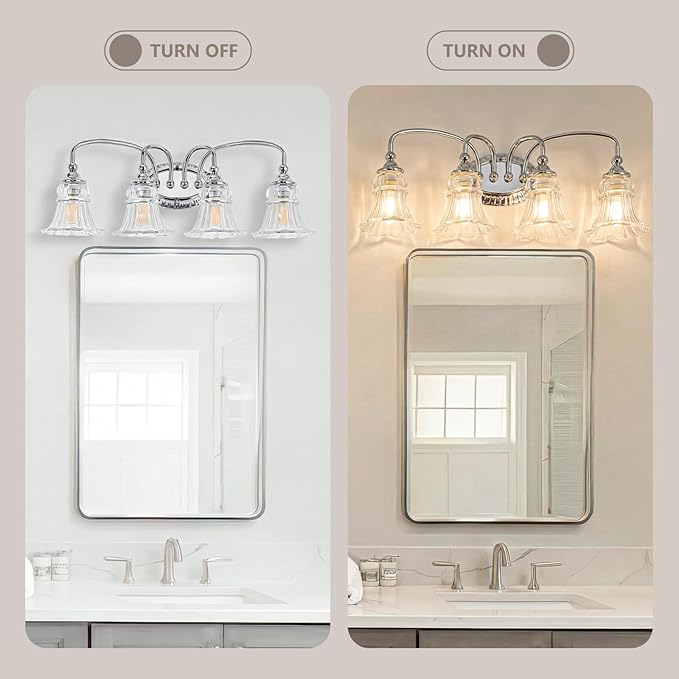 4-Light Bathroom Light Fixtures Vintage Chrome Vanity Lights Over Mirror with Floral Glass Shade for Bathroom Powder Room, Living Room Hallway