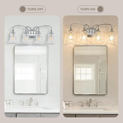 4-Light Bathroom Light Fixtures Vintage Chrome Vanity Lights Over Mirror with Floral Glass Shade for Bathroom Powder Room, Living Room Hallway