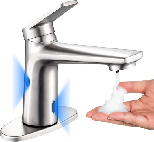 Bathroom Faucet with Built-in Soap Dispenser, Adjustable Hot & Cold Water Temperature, Short & Long Sensor Modes, Touchless Automatic Basin Sensor Faucet (Brushed Nickel)