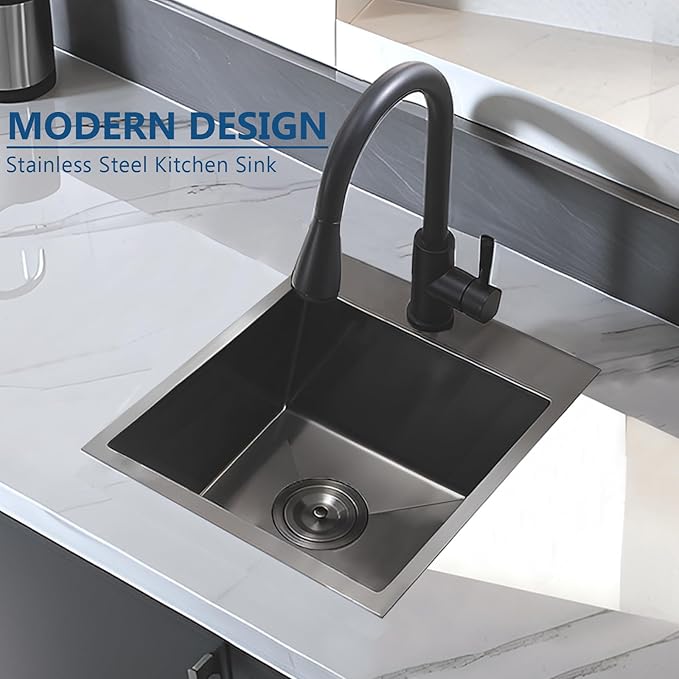 18x18 Inch Black Bar Sink Drop In, Gunmetal Black 16 Gauge Stainless Steel Small Prep Sink, Topmount Single Bowl 9 Deep RV Utility Kitchen Sinks with Drain