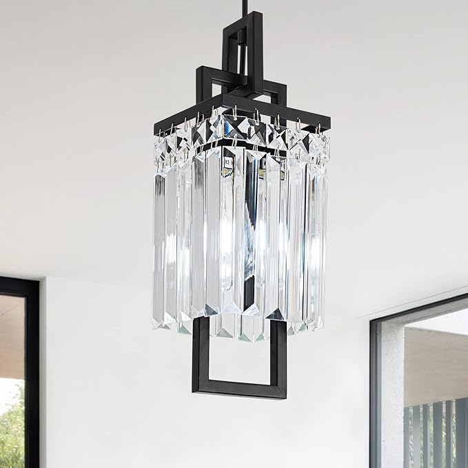 Modern Black Pendant Light Fixtures for Kitchen Island and Dining Room, Industrial Small Hanging Crystal Chandelier Light Fixture for Bedroom Entryway Living Room Foyer Hallway 1-Pack