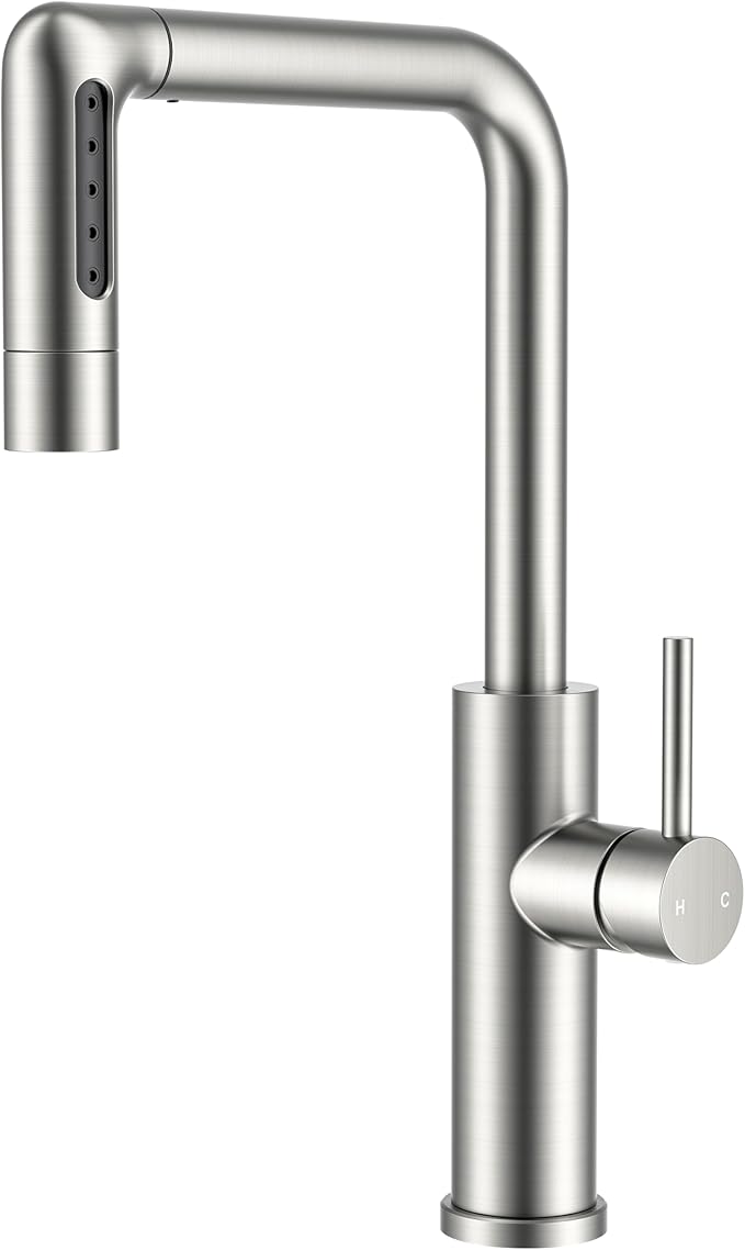 FORIOUS Waterfall Kitchen Faucet with Pull Down Sprayer, 5 Spout Modes Brushed Nickel Stainless Steel Single Handle 360° Swivel Classic Kitchen Sink Faucet with Deck Plate for 1 or 3 Hole for Bar Rv