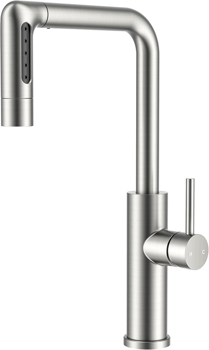 FORIOUS Waterfall Kitchen Faucet with Pull Down Sprayer, 5 Spout Modes Brushed Nickel Stainless Steel Single Handle 360° Swivel Classic Kitchen Sink Faucet with Deck Plate for 1 or 3 Hole for Bar Rv