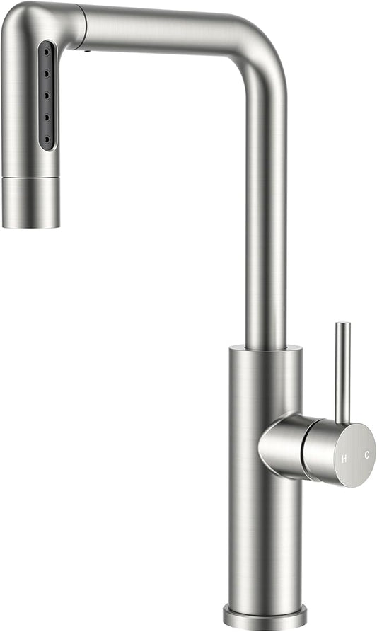 FORIOUS Waterfall Kitchen Faucet with Pull Down Sprayer, 5 Spout Modes Brushed Nickel Stainless Steel Single Handle 360° Swivel Classic Kitchen Sink Faucet with Deck Plate for 1 or 3 Hole for Bar Rv