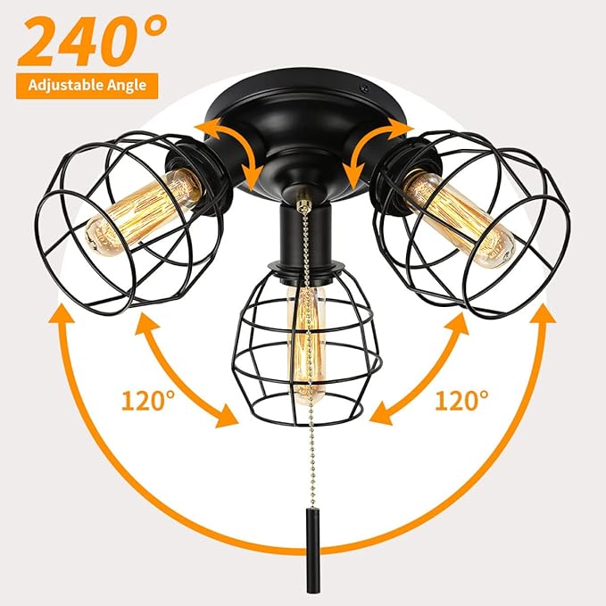 EVAHOM Pull Chain Light Fixture, 3 Light Semi Flush Mount Ceiling Fixture, Vintage Pendant Light Fixture for Porch/Hallway/Kitchen/Bedroom, Bulb Not Included